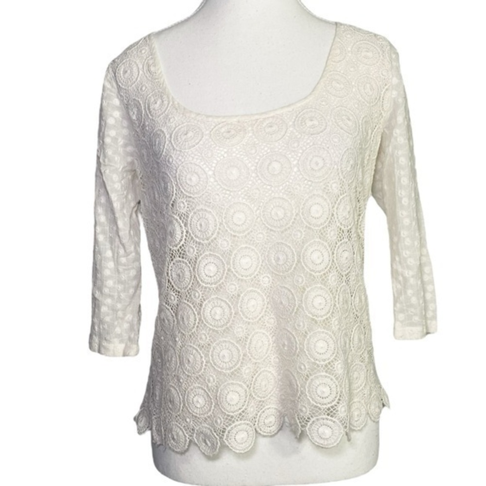 Lucky Brand White Crochet Blouse 3/4 Sleeve